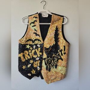 Vintage Sequined Halloween Vest Trick Or Treat Black Cat